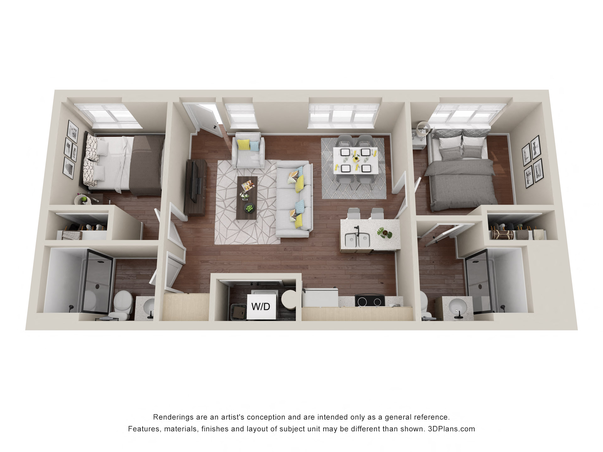 Floor plan for 2 beds, 2 baths, 629 sqft